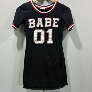 Y2K BABE 01 Ringer Mini Dress Black Red White Varsity Graphic Bodycon XS S